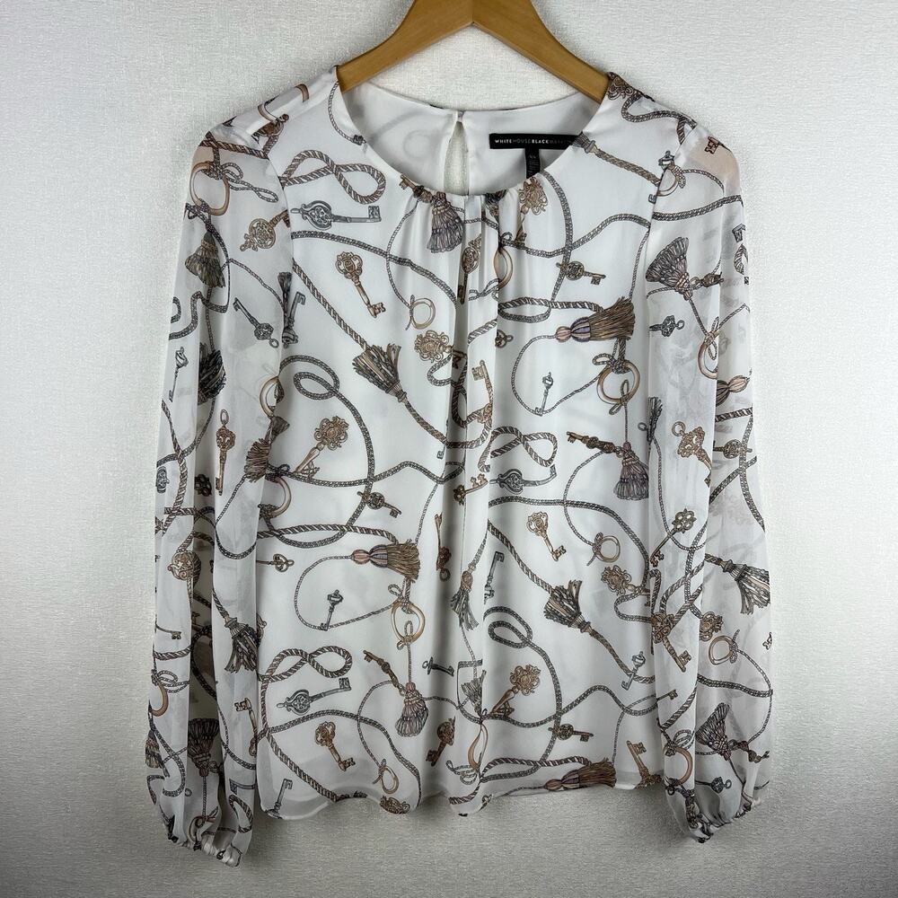 White House Black Market Women’s XS White Key Pattern Long Sleeve Blouse